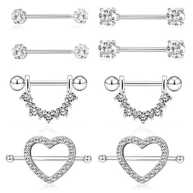 Buy Stainless Steel Matte Nipple Piercing Set - Fashionable Crystal Nipple Rings at Greater Goods