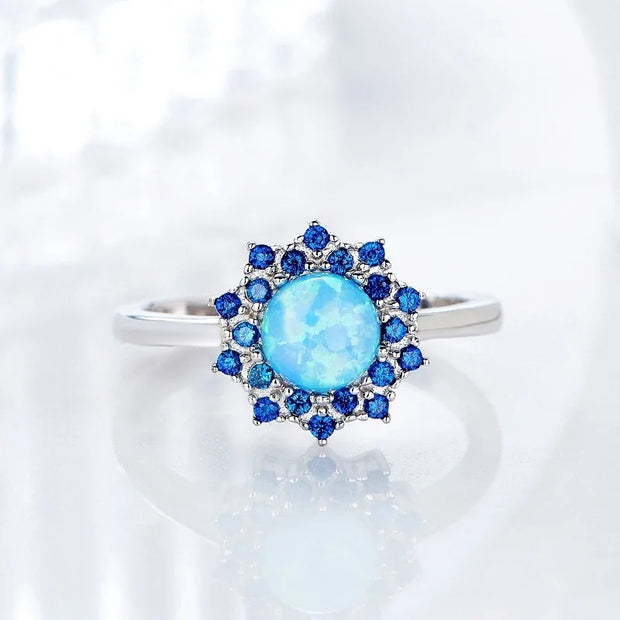Buy Luxury Fire Blue Imitation Opal Wedding Ring - Sparkle in Silver with Sunflower Crystal Engagement