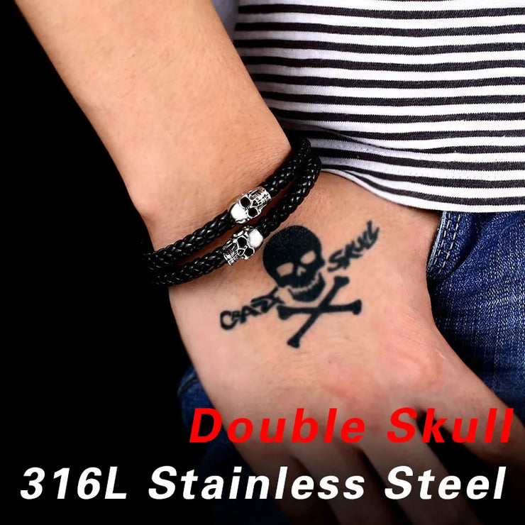 Buy steel soldier Stainless Steel Punk Skull Leather Rope Bracelet at Greater Goods 
