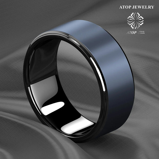 Men's Jewelry Black Tungsten Carbide Ring sea Blue Brushed center wedding Ring Free Shipping