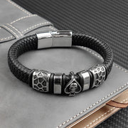 MingAo 12*6mm Braided Leather 316l Stainless Steel Charm Male Bracelets Spades Skull Head Bangle Punk Wristband Men's Jewelry