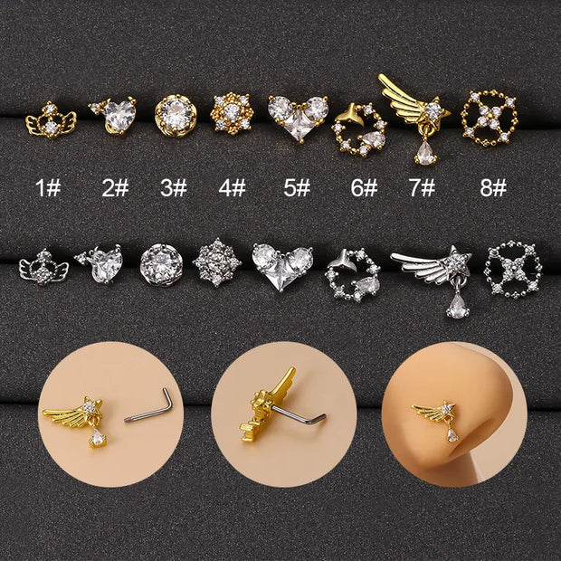 1Piece 20G Stainless Steel Flower Moon Star L Nose Studs Multicolor CZ Nose Stud Ring for Women Helix Nose Piercing Jewelry