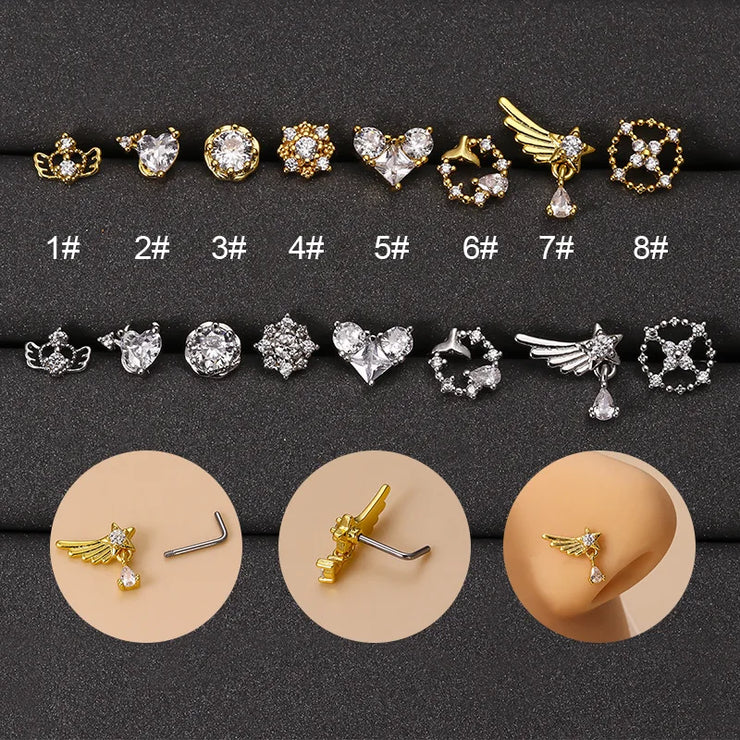 1Piece 20G Stainless Steel Flower Moon Star L Nose Studs Multicolor CZ Nose Stud Ring for Women Helix Nose Piercing Jewelry